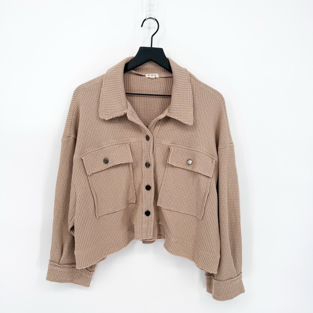 POL Lightweight Oversized Waffle Knit Jacket in Rose Latte Large